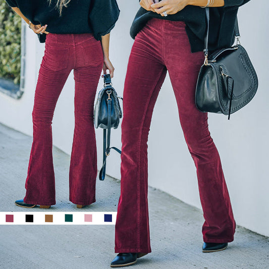 💖Pantalon de détente taille haute en velours côtelé micro slim à taille élastique