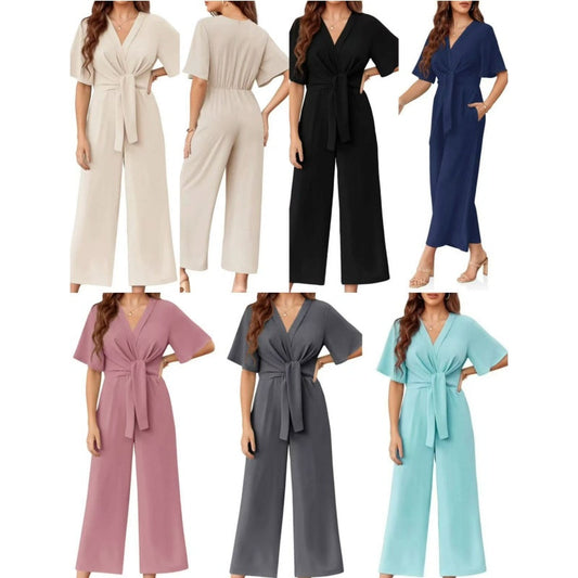 Combinaison élégante à col en V et à jambes larges avec ceinture à la taille pour femme