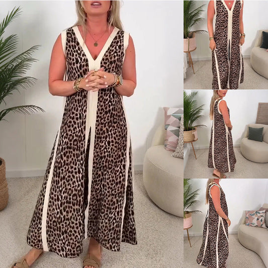 Robe Longue Sans Manches à Col en V avec Imprimé Léopard et Fausse Fente pour Femme