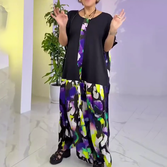 Robe Longue à Manches Courtes avec Motif Colorblock pour Femme