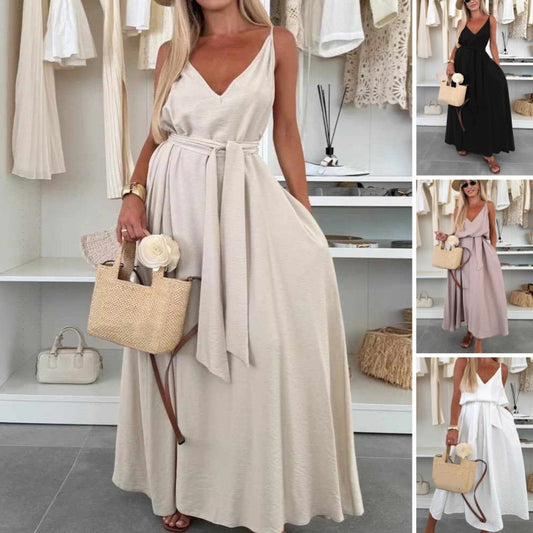 Robe maxi à bretelles spaghetti pour femme avec lien à la taille