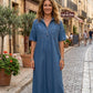 👗🔥 -50% ! Robe-Chemise Midi Jean Femme Poches – Tissu Structuré Non Collant Coupe Oversize Flatteuse Toutes Morphologies S-3XL, Col V Ajustable Manches Courtes Élégance Quotidienne, Légère Respirante ✨