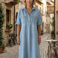 👗🔥 -50% ! Robe-Chemise Midi Jean Femme Poches – Tissu Structuré Non Collant Coupe Oversize Flatteuse Toutes Morphologies S-3XL, Col V Ajustable Manches Courtes Élégance Quotidienne, Légère Respirante ✨