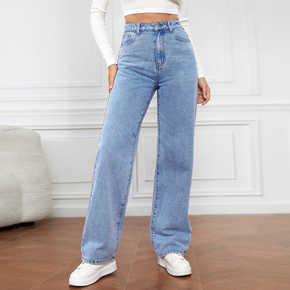 Jean délavé taille haute pour femme, pantalon en Denim polyvalent, jambe droite, Style décontracté