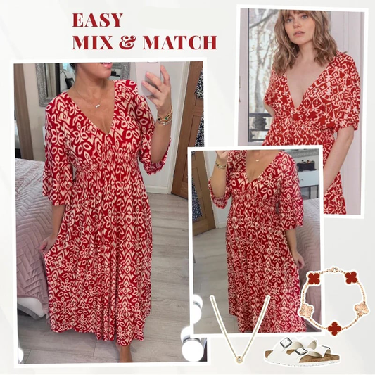 👗 50% DE RÉDUCTION 🔥 Robe longue imprimée col V ceinturée – Tissu fluide & léger – Parfaite pour l’été, la plage ou les soirées bohèmes 🌸🌴✨