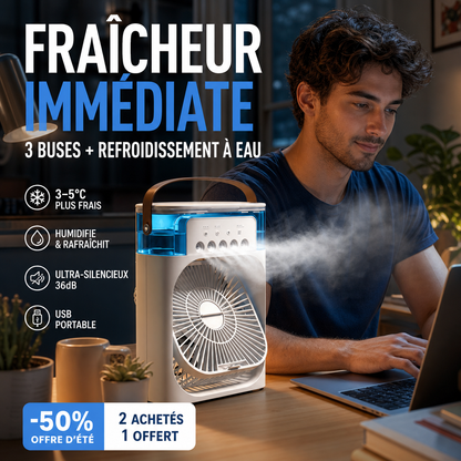 🌀🍃 PROMO FLASH -50% ! Climatiseur Portable Multifonction – Ventilateur Brumisateur Rechargeable, Réservoir 200ml, Batterie 1200mAh, Silencieux & Compact, 2 Coloris