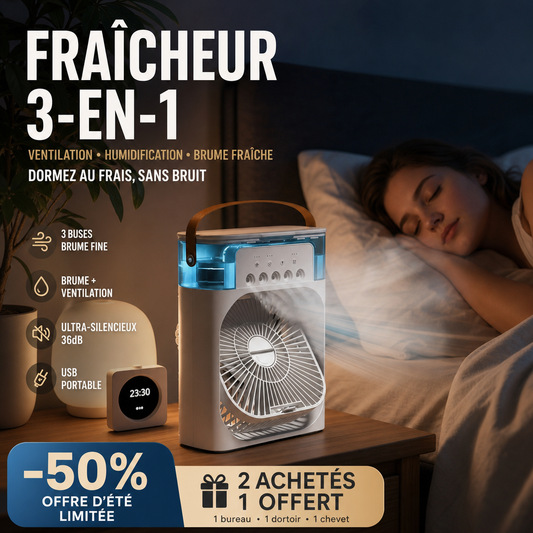 🌀🍃 PROMO FLASH -50% ! Climatiseur Portable Multifonction – Ventilateur Brumisateur Rechargeable, Réservoir 200ml, Batterie 1200mAh, Silencieux & Compact, 2 Coloris