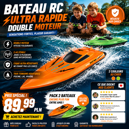 🎮🚢 PROMO FLASH 50% ! Bateau Radiocommandé Haute Vitesse 2.4GHz – Double Moteur, Coque Étanche, 2 Couleurs, 27cm, Parfait pour Piscine & Lac ⚡
