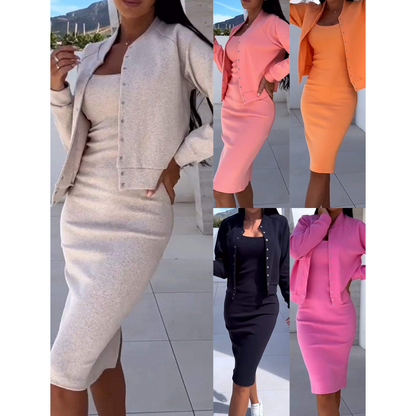 💎 62% DE RÉDUCTION – TEMPS LIMITÉ ! 💎 Ensemble Robe Bodycon à Bretelles Spaghetti & Veste Courte – 5 Couleurs, S-3XL, Tissu Extensible Doux 🌸👗
