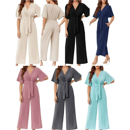 Combinaison élégante à col en V et à jambes larges avec ceinture à la taille pour femme