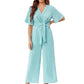 Combinaison élégante à col en V et à jambes larges avec ceinture à la taille pour femme