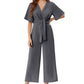 Combinaison élégante à col en V et à jambes larges avec ceinture à la taille pour femme