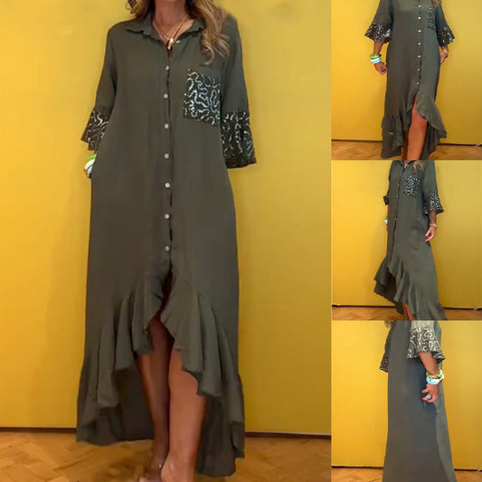 Robe Chemise à Boutons avec Volants à l’Ourlet pour Femme