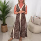 Robe Longue Sans Manches à Col en V avec Imprimé Léopard et Fausse Fente pour Femme