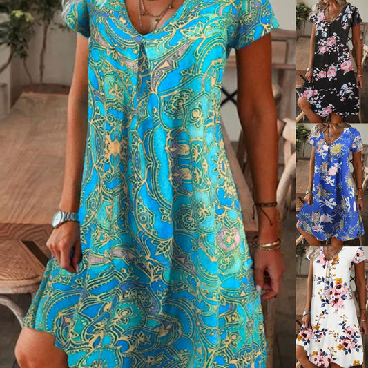 ✨2025 Hot Sale⌛Robe longue élégante à col en V et imprimé floral pour femmes