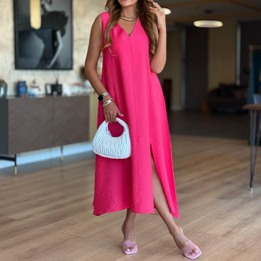 Robe fendue sans manches à col en V de couleur unie