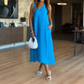 Robe fendue sans manches à col en V de couleur unie
