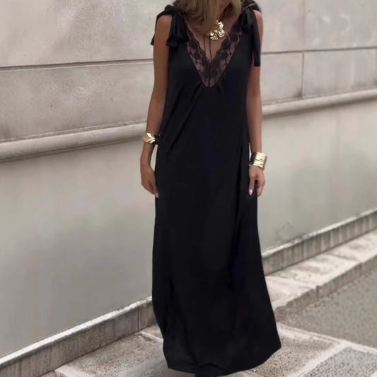 Robe Longue Sans Manches à Col en V en Dentelle pour Femme