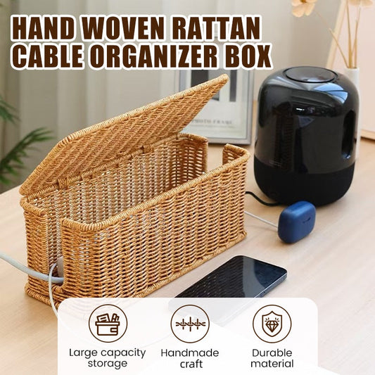Boîte de rangement de câbles en rotin tressé avec couvercle