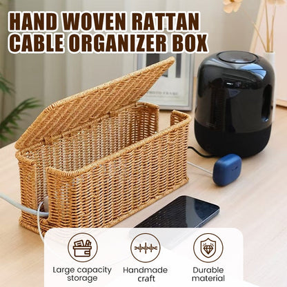 Boîte de rangement de câbles en rotin tressé avec couvercle