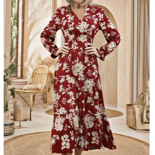 Robe longue fleurie à col en V, cintrée à la taille, à volants, à manches longues