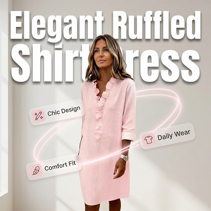 Robe-chemise en lin à col V avec volants pour femme