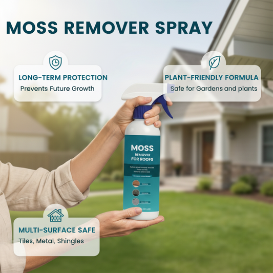 🌧️ Nettoyant multi-surfaces pour toitures anti-mousse et algues – Vaporisez, rincez et admirez le résultat ! 🏠✨ Efficace contre la mousse, doux pour les plantes – une toiture propre en quelques minutes. 🌿💧