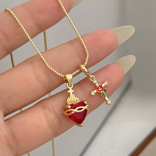 📢📢50 % DE RÉDUCTION !! ⏰Collier avec pendentif « Sacré-Cœur et Croix de la Rose »