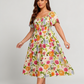 ⏰Soldes d'été : 50 % de réduction💃Robe midi à fleurs, col carré et smocks, avec poches