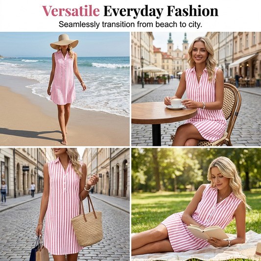 🛒 Offre de lancement -53%🌸Robe chemise rayée sans manches pour femmes col en V