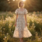 Robe midi à fleurs smockée à encolure carrée pour femme