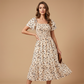 Robe midi à fleurs smockée à encolure carrée pour femme