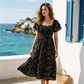Robe midi à fleurs smockée à encolure carrée pour femme