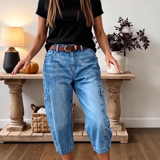 👖 LIMITED-TIME 55% OFF! ✨ Pantalon en jean court et extensible pour femme, style décontracté – coupe « barrel », taille mi-haute, plusieurs poches 🌿