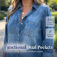 Manteau en jean décontracté pour femme, à manches longues et ourlets retroussables