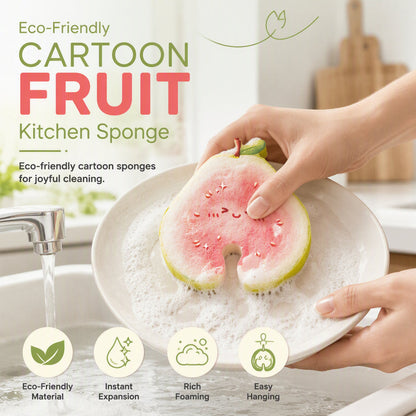 🍋 50% DE RÉDUCTION! 🧽 Éponge fruit cartoon – Se gonfle à l'eau, anti‑graisse & sans rayures ✨