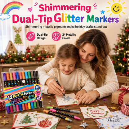 🔥 50% DE RÉDUCTION ! ✨Lot de 12 feutres à paillettes et surligneurs à double pointe, 24 couleurs, stylos à pointe pinceau souple pour le dessin artistique étudiant